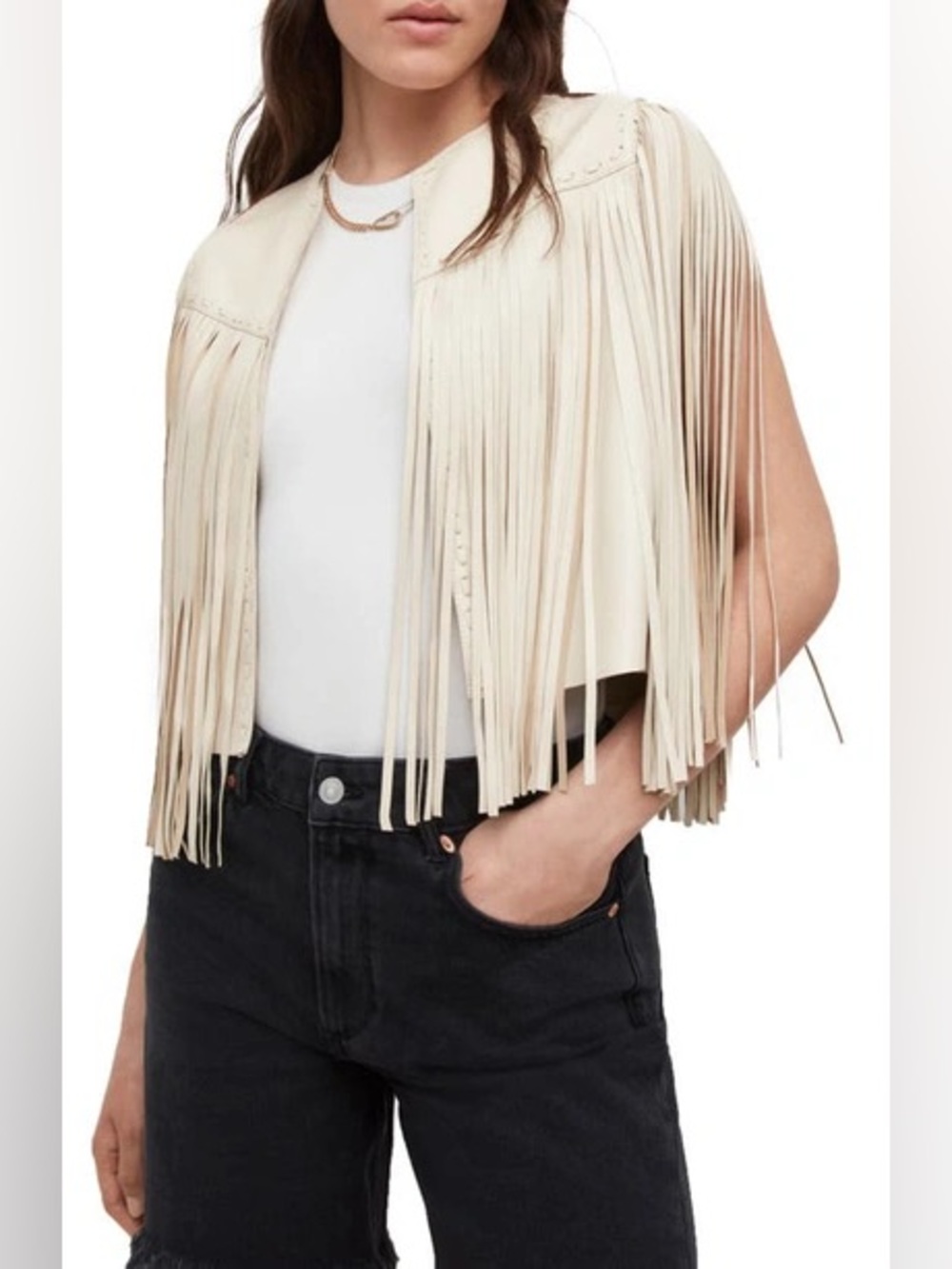 NWT All Saints Astral Tassel Leather Vest - White - Size 8